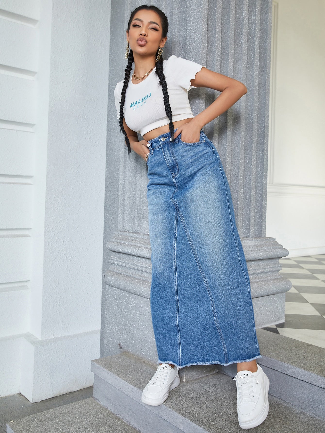 Women's High Waist Denim Midi Skirt - NZC Apparel: Nashz Couture