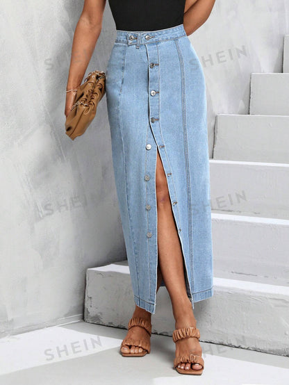 Tall Button Front Button Up Denim Skirt - NZC Apparel: Nashz Couture