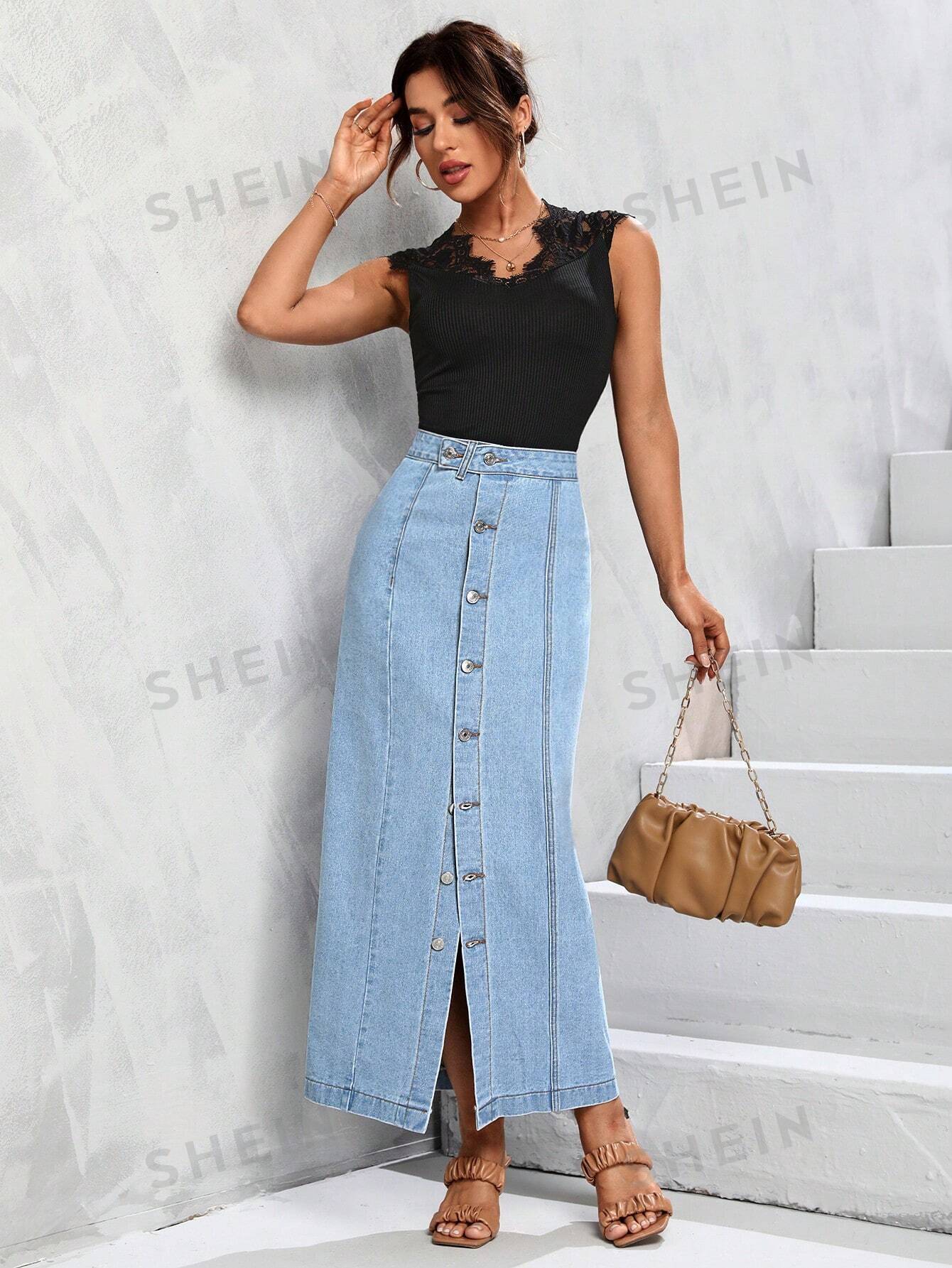 Tall Button Front Button Up Denim Skirt - NZC Apparel: Nashz Couture