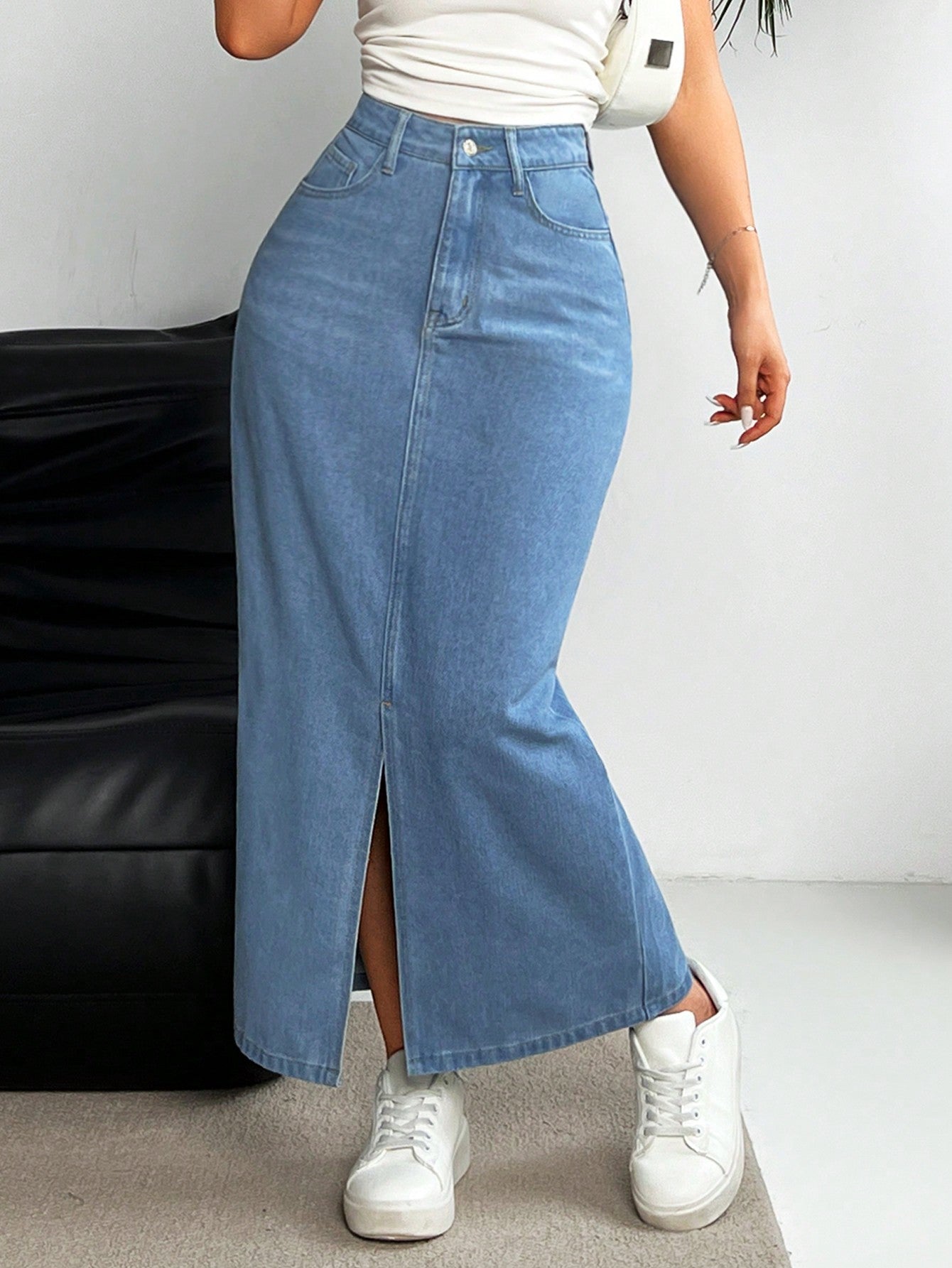 Women's High Waist Denim Midi Skirt - NZC Apparel: Nashz Couture