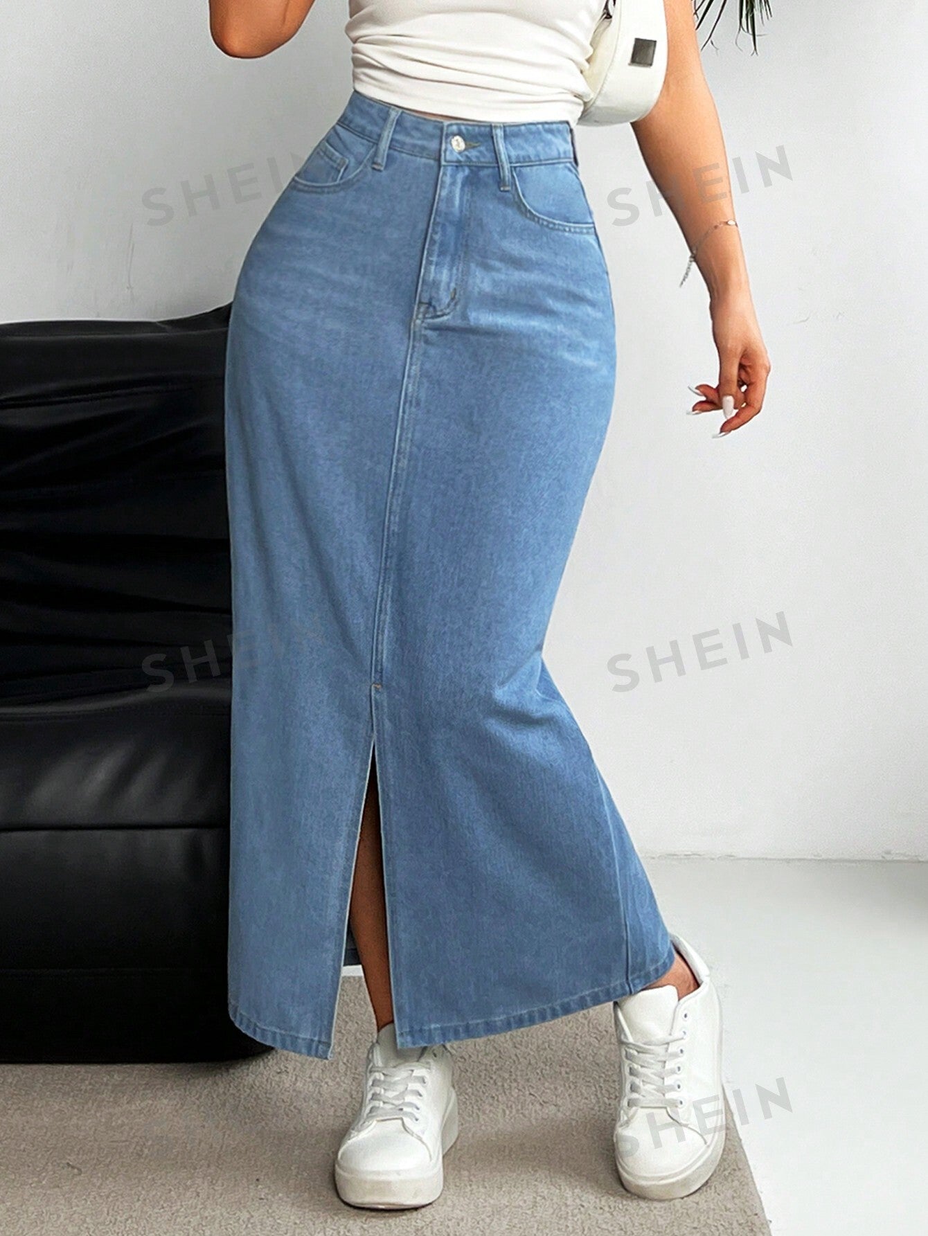 Women's High Waist Denim Midi Skirt - NZC Apparel: Nashz Couture