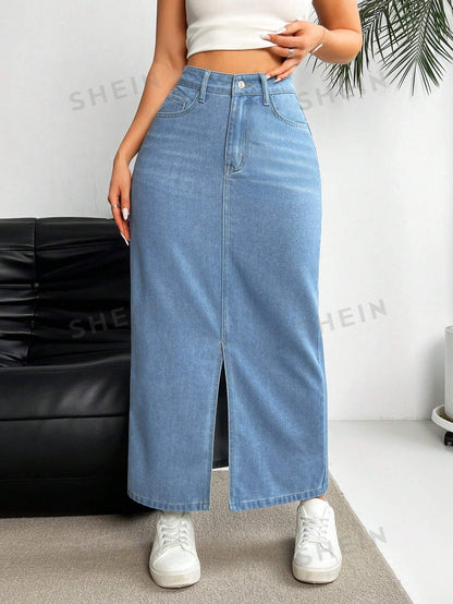 Women's High Waist Denim Midi Skirt - NZC Apparel: Nashz Couture