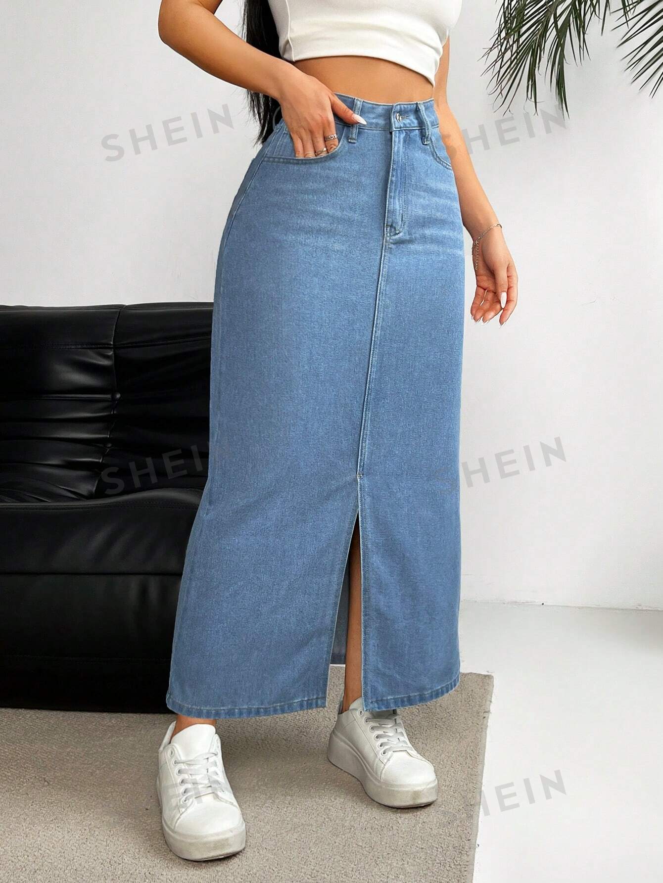 Women's High Waist Denim Midi Skirt - NZC Apparel: Nashz Couture