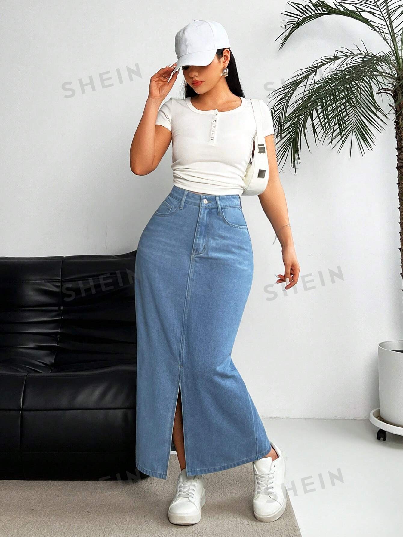 Women's High Waist Denim Midi Skirt - NZC Apparel: Nashz Couture