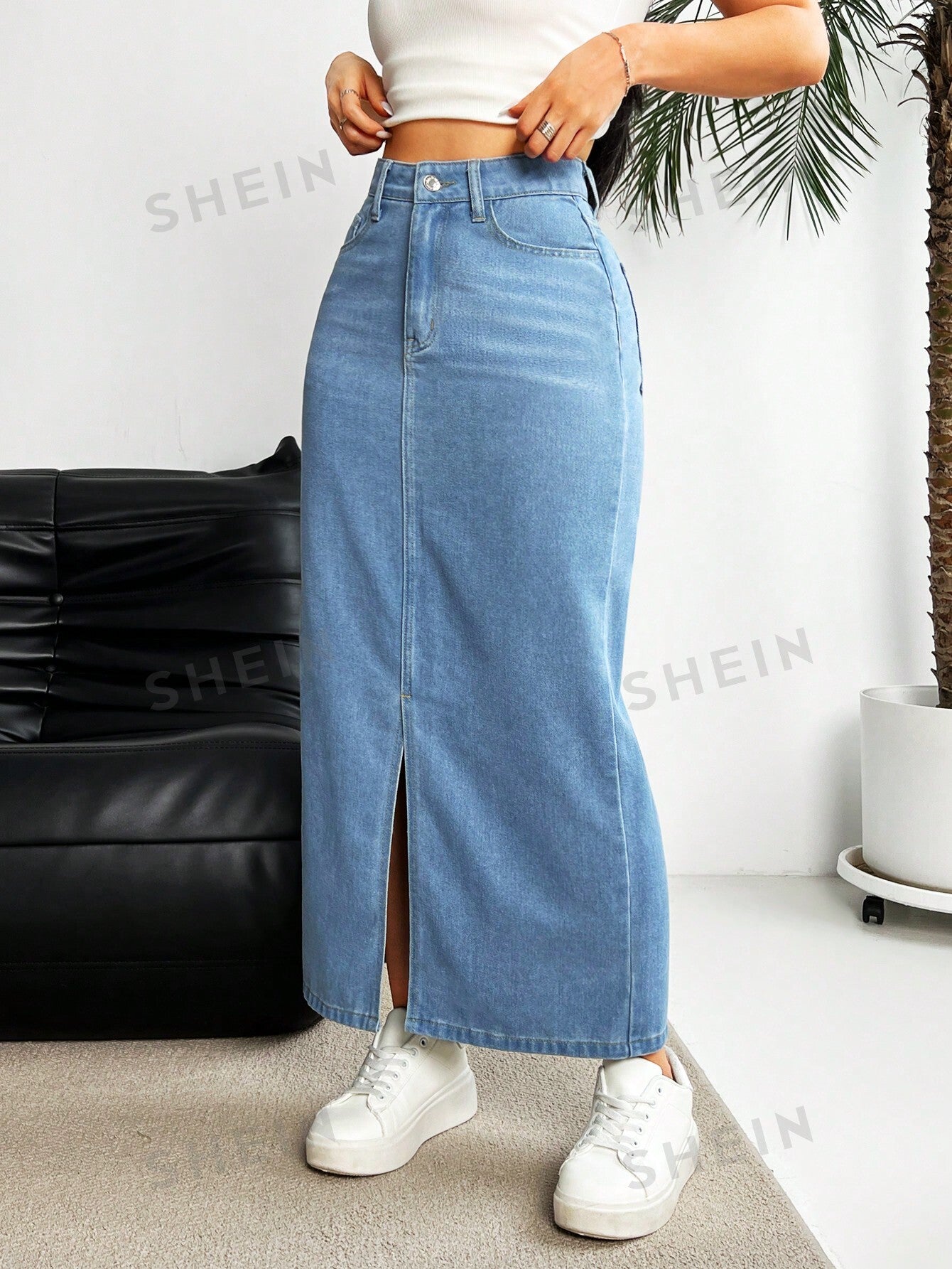 Women's High Waist Denim Midi Skirt - NZC Apparel: Nashz Couture