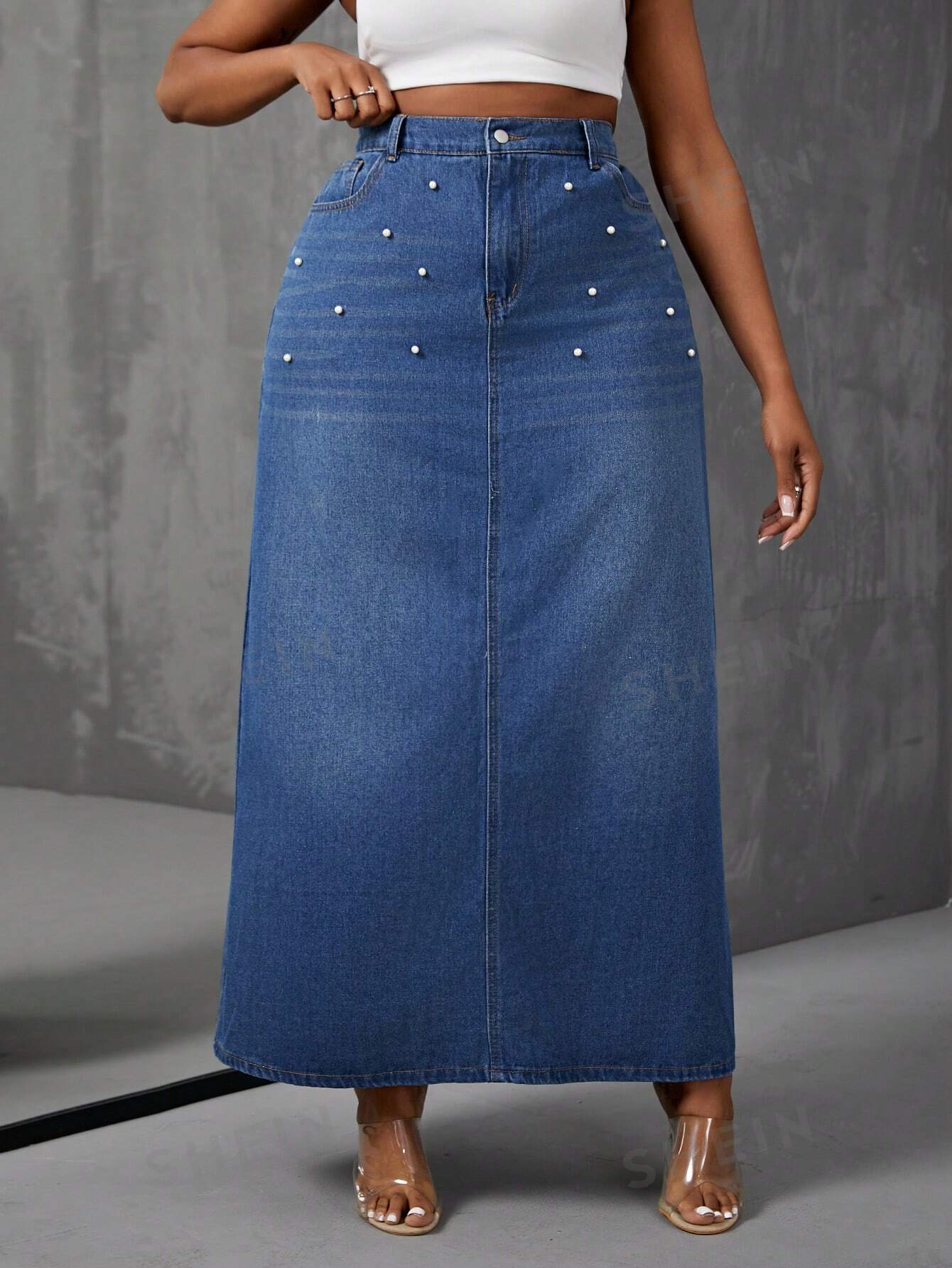 Plus Size Pearl Long Denim A-Line Skirt - NZC Apparel: Nashz Couture