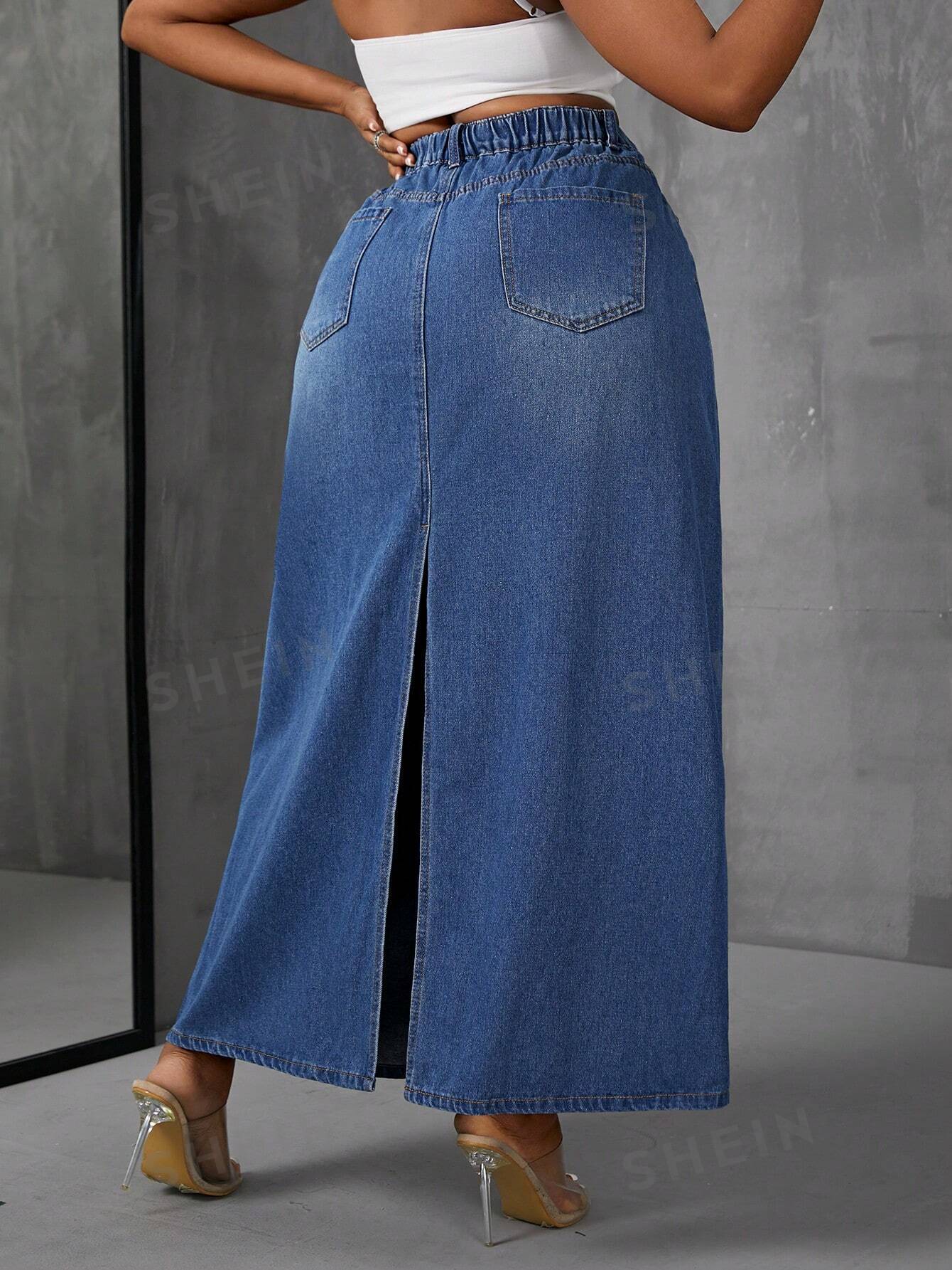 Plus Size Pearl Long Denim A-Line Skirt - NZC Apparel: Nashz Couture