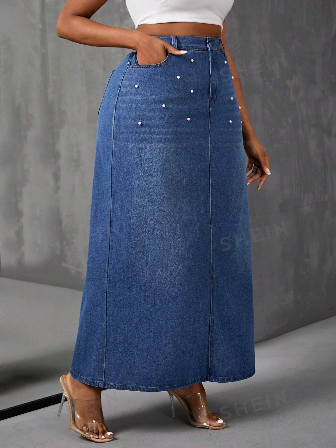 Plus Size Pearl Long Denim A-Line Skirt - NZC Apparel: Nashz Couture