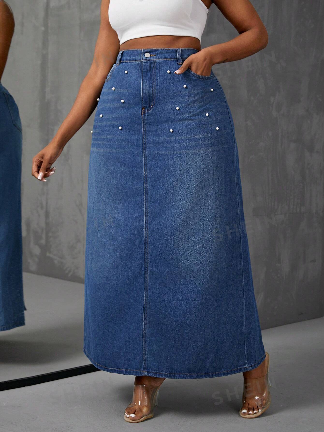 Plus Size Pearl Long Denim A-Line Skirt - NZC Apparel: Nashz Couture