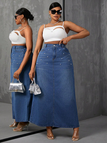 Plus Size Pearl Long Denim A-Line Skirt - NZC Apparel: Nashz Couture