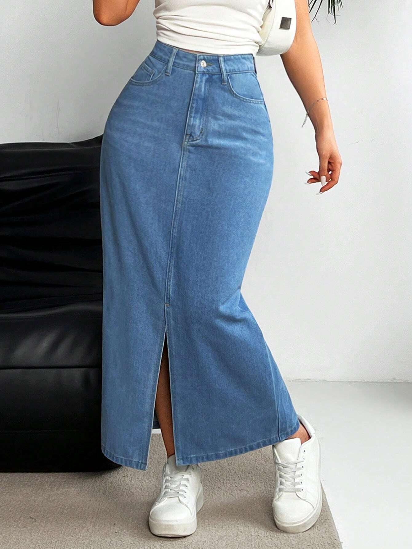 Women's High Waist Denim Midi Skirt - NZC Apparel: Nashz Couture