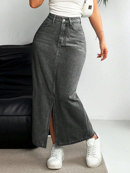 Women's High Waist Denim Midi Skirt - NZC Apparel: Nashz Couture