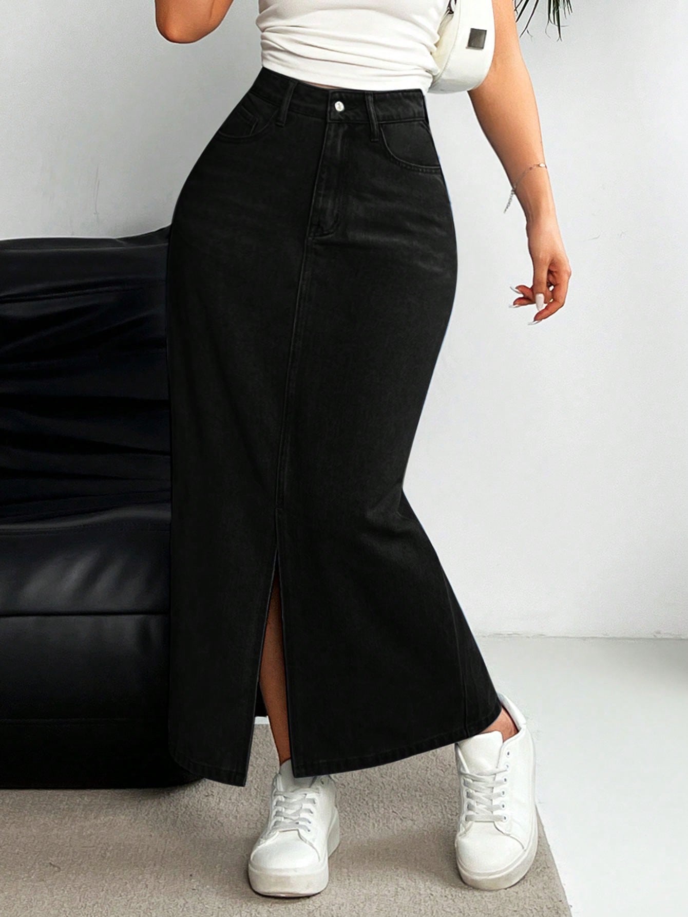 Women's High Waist Denim Midi Skirt - NZC Apparel: Nashz Couture