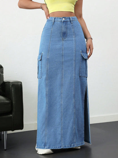 Women's Denim Skirt Side Slit Long Skirt - NZC Apparel: Nashz Couture