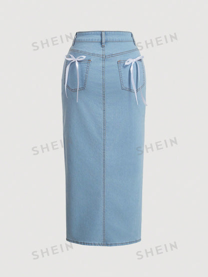 Women's Casual Long Denim A-Line Skirt with Bow - NZC Apparel: Nashz Couture