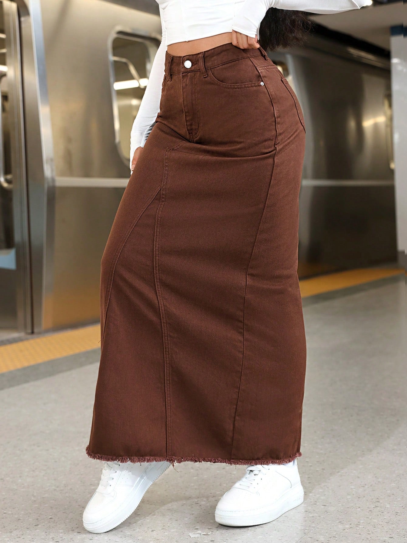 Women's High Waist Denim Midi Skirt - NZC Apparel: Nashz Couture